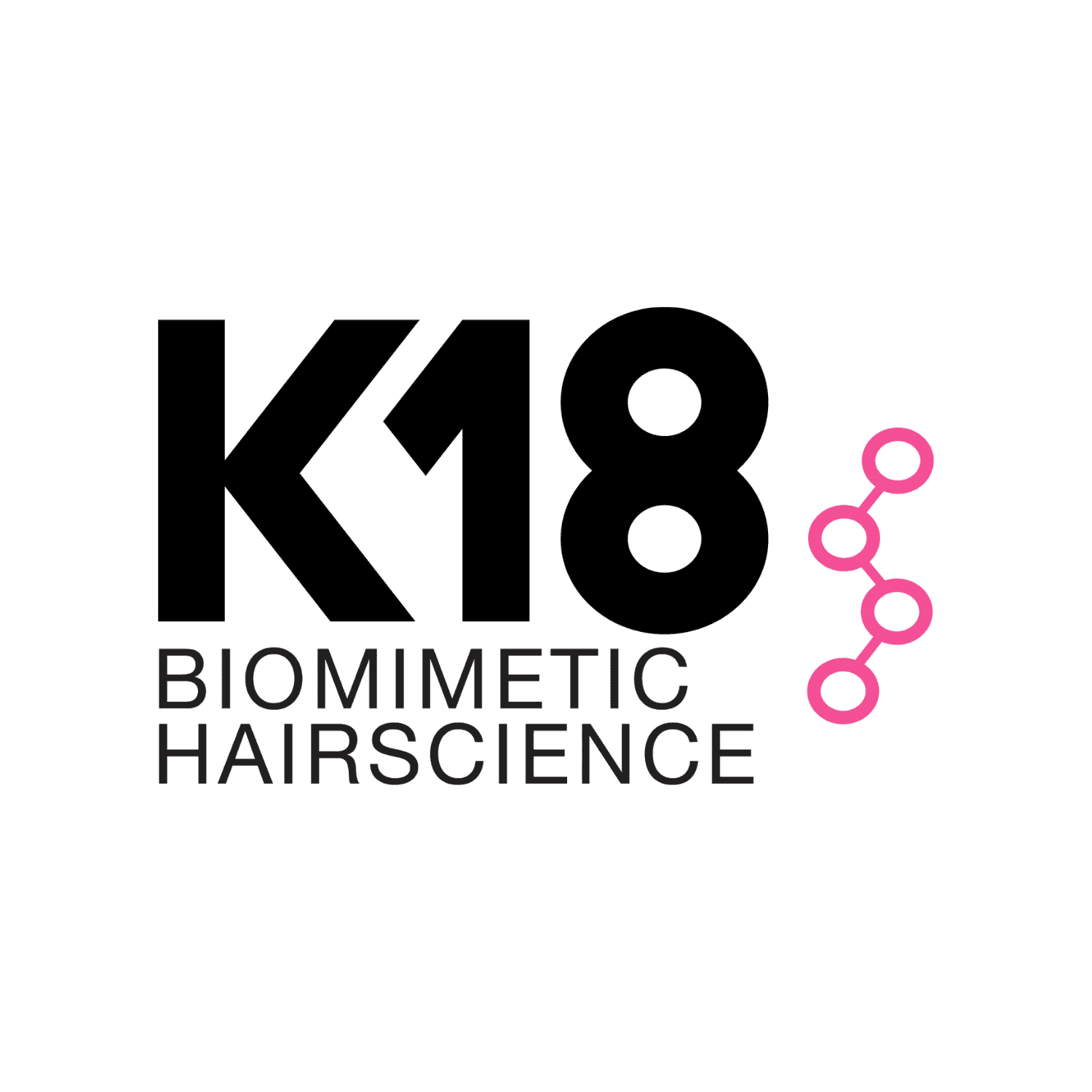 K18 Biomimetic Hairscience logo with pink molecular design.