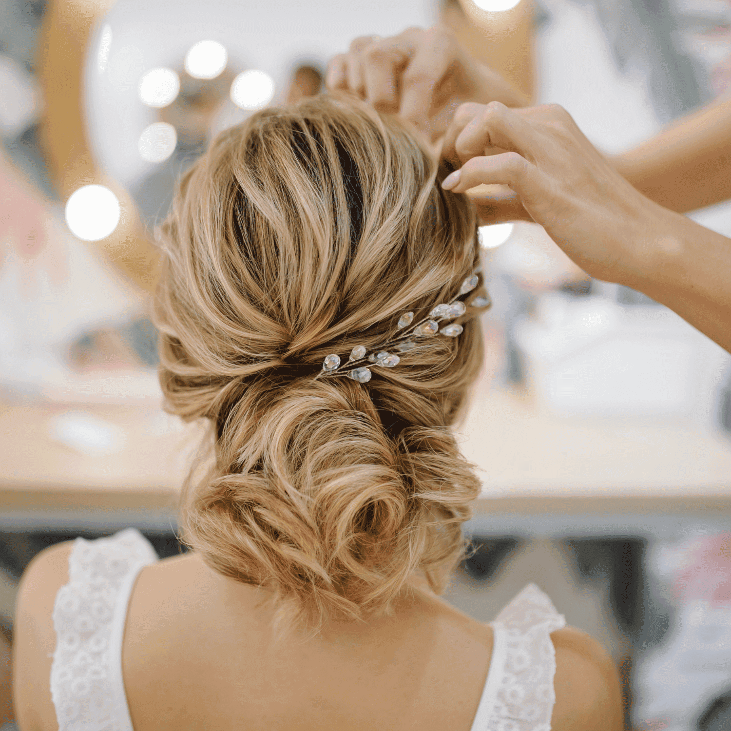 Hairstylist arranging bridal updo with decorative hairpiece in a salon.