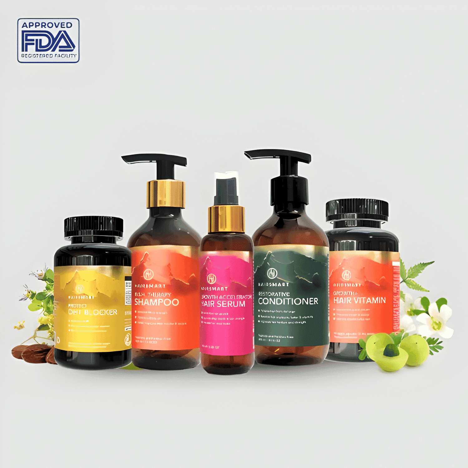 FDA-approved hair care products including shampoo, conditioner, serum, and vitamins.